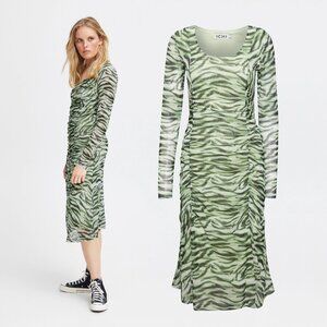 ICHI Ihista Mesh Sheer Green Zebra Print Dress Whimsigoth Witchy Fairy Grunge